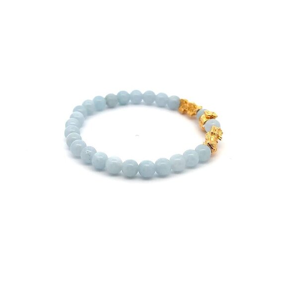18K Gold Pixiu Piyao Money Bag Charm Bracelet Birthstone Gemstone Aquamarine 6mm - Picture 3 of 4